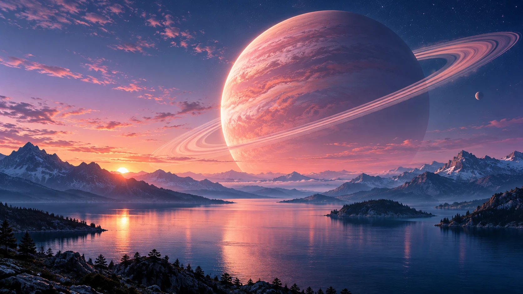 A rose ringed planet over a mountain lake as a desktop wallpaper